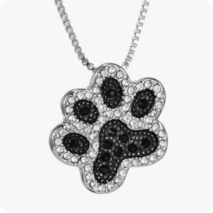 Silver & Black Paw Crystal Rhinestone Pendant Necklace